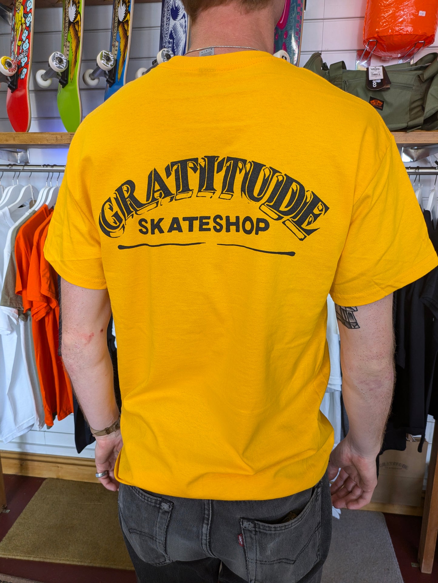 Gratitude Skate Shop Mr Finbar Logo Gold / Black T-Shirt