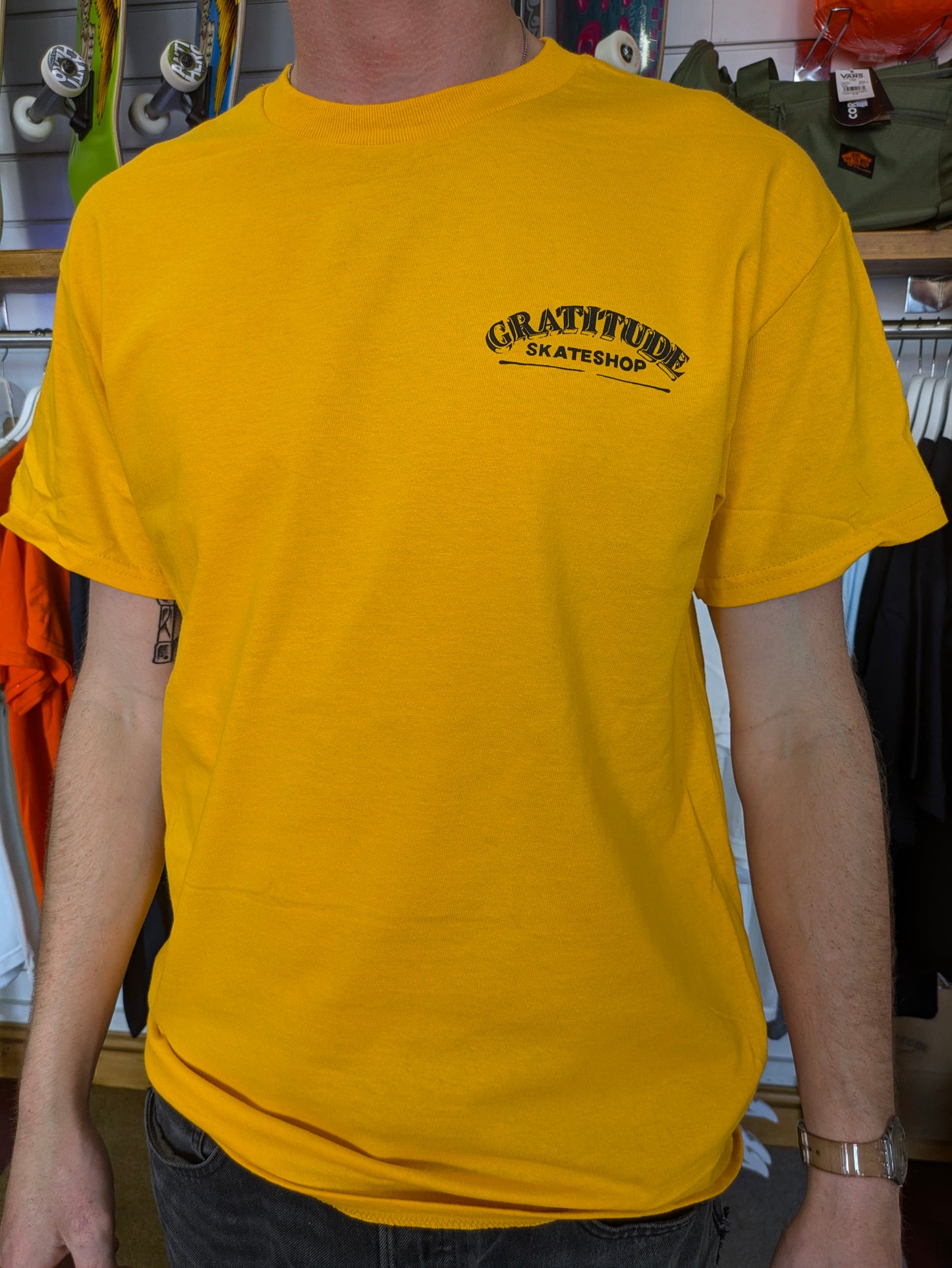 Gratitude Skate Shop Mr Finbar Logo Gold / Black T-Shirt